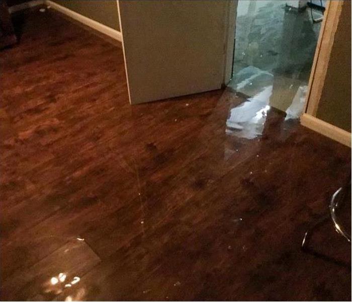 water damage on wooden floor, clear standing water on wooden floor.